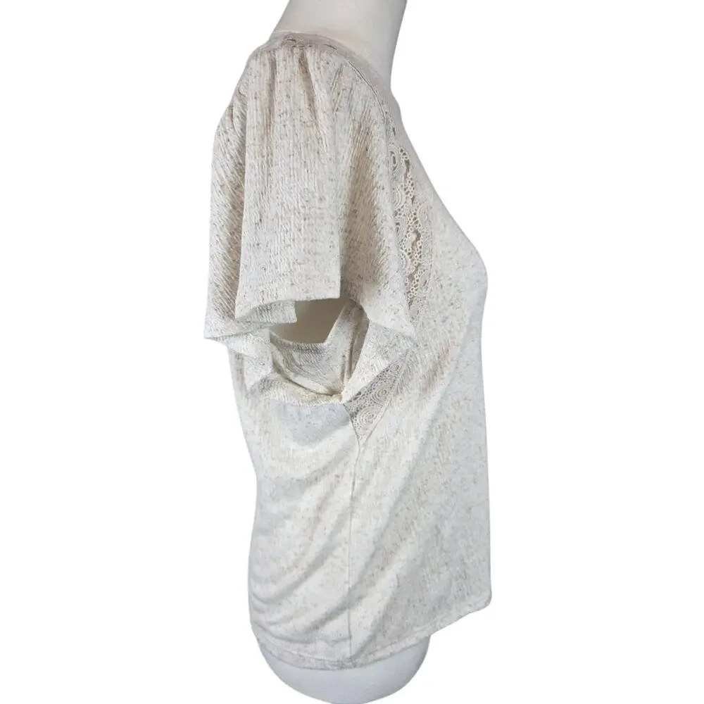 Fred David Cream Crepe Blouse w/Ruffle Short Sleeve & Crochet Detail